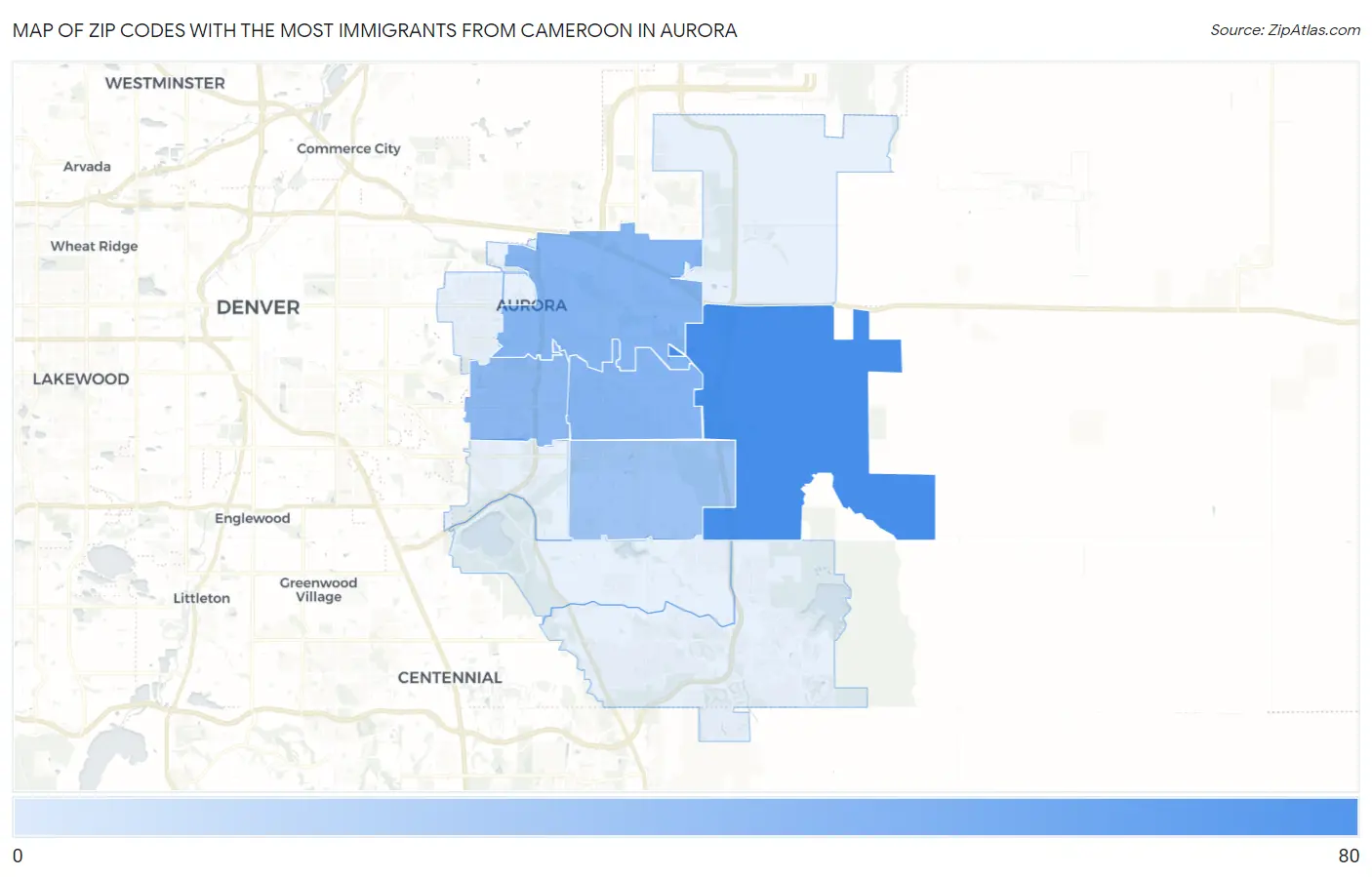 Zip Codes with the Most Immigrants from Cameroon in Aurora Map