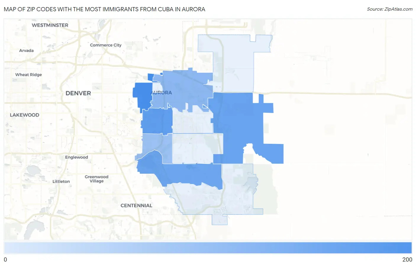 Zip Codes with the Most Immigrants from Cuba in Aurora Map