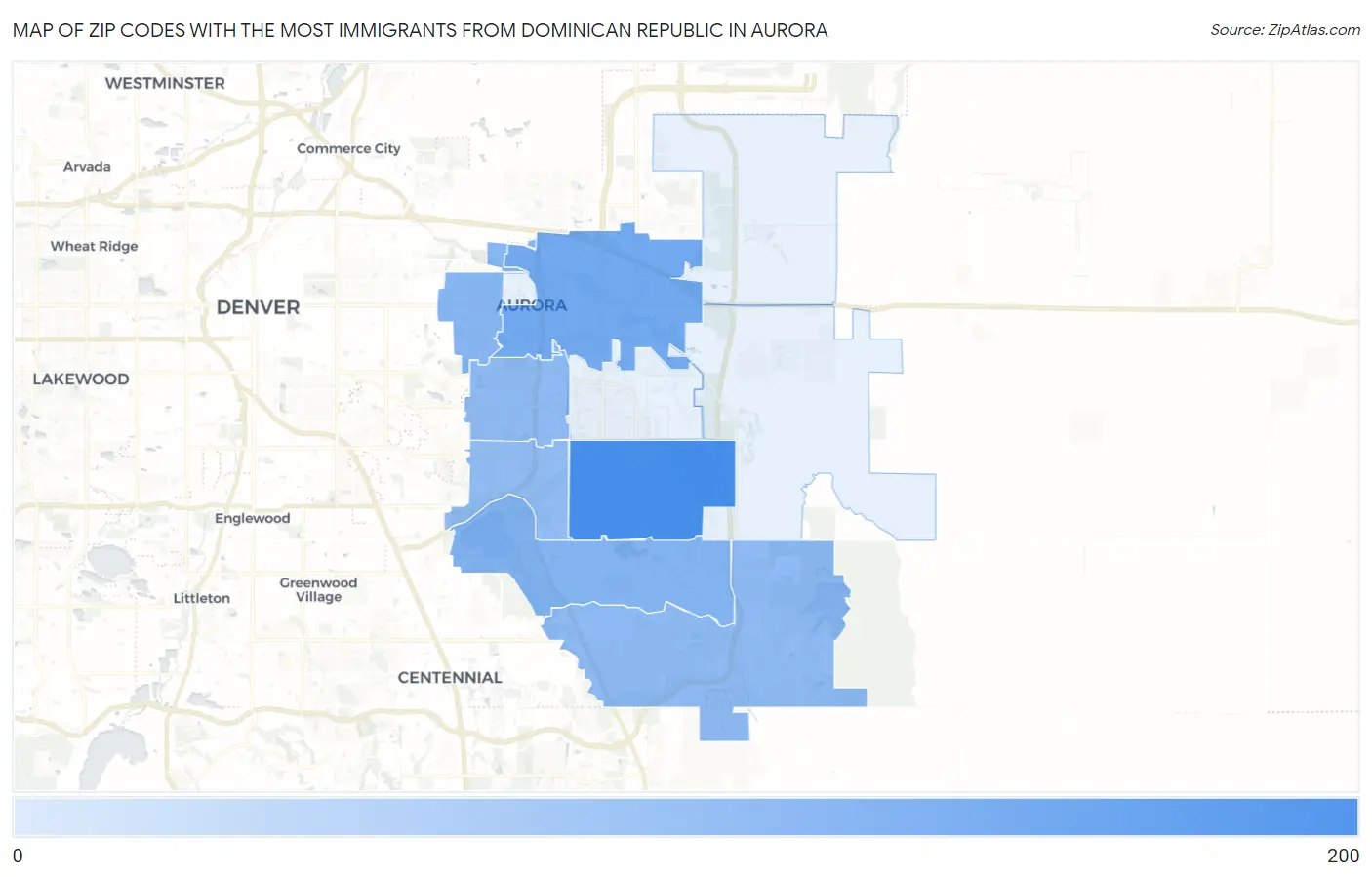 Zip Codes with the Most Immigrants from Dominican Republic in Aurora Map