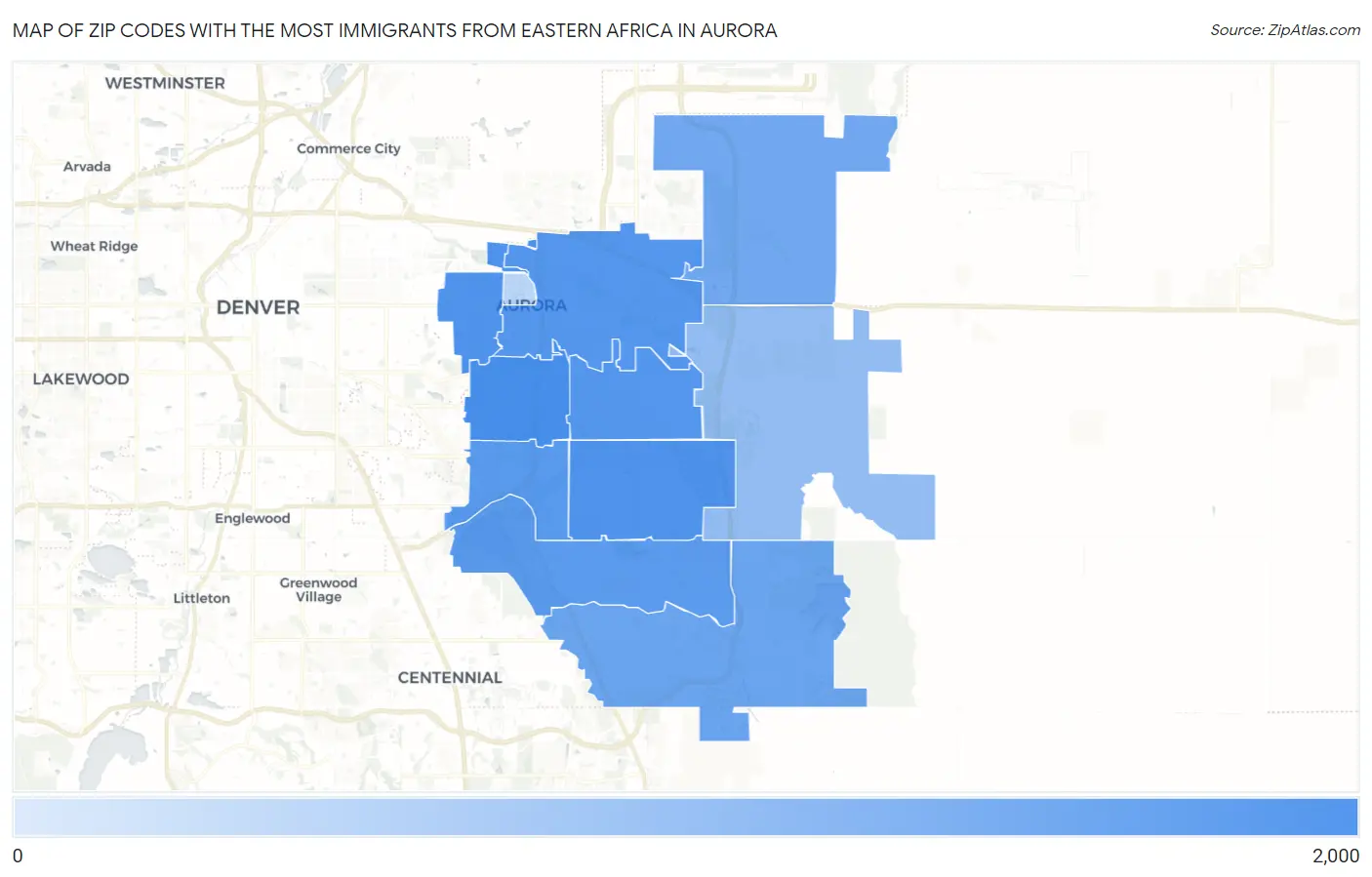 Zip Codes with the Most Immigrants from Eastern Africa in Aurora Map