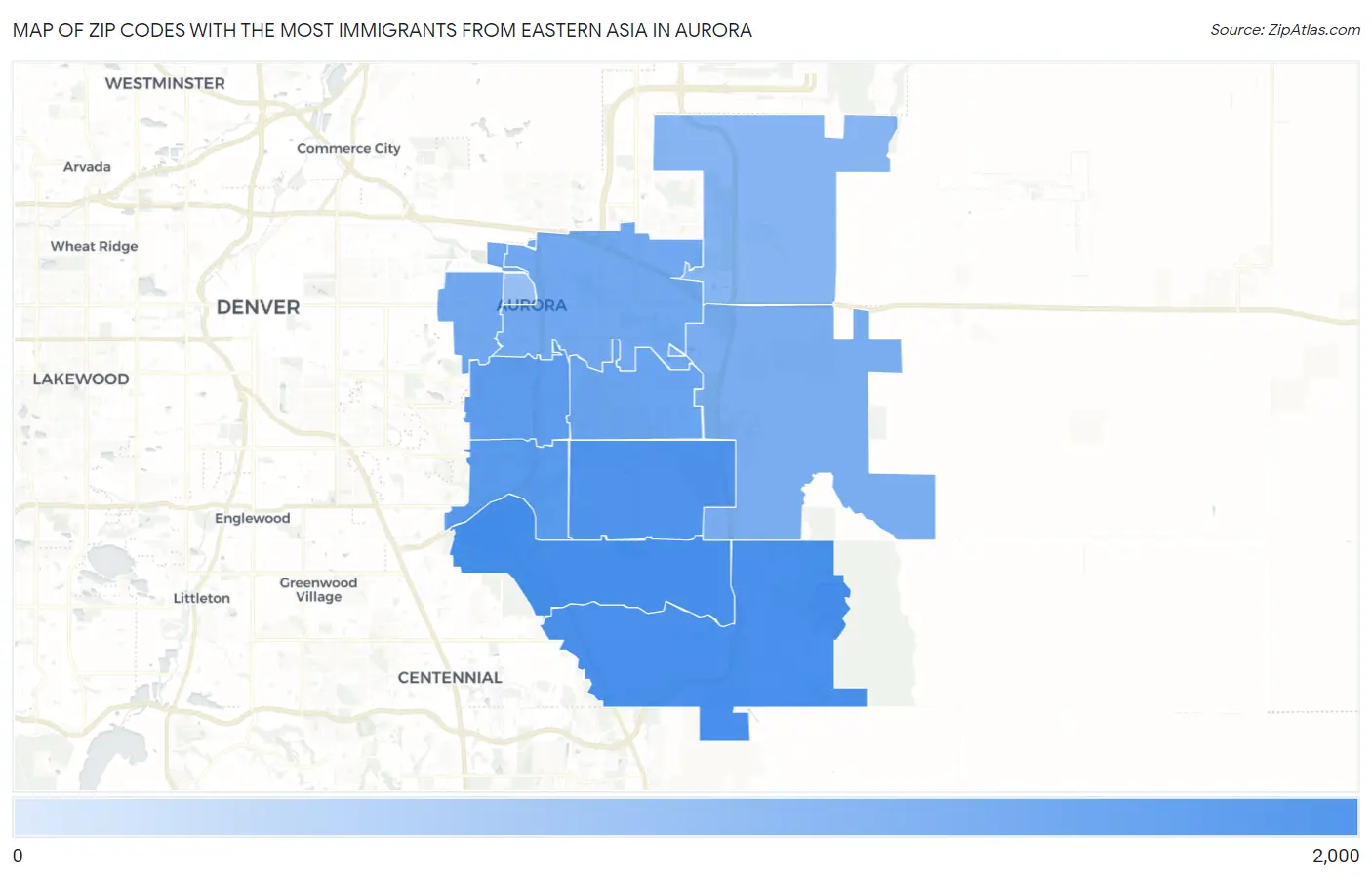 Zip Codes with the Most Immigrants from Eastern Asia in Aurora Map
