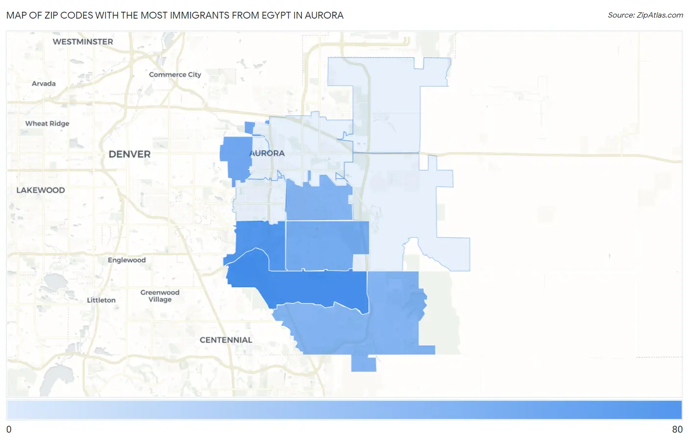 Zip Codes with the Most Immigrants from Egypt in Aurora Map