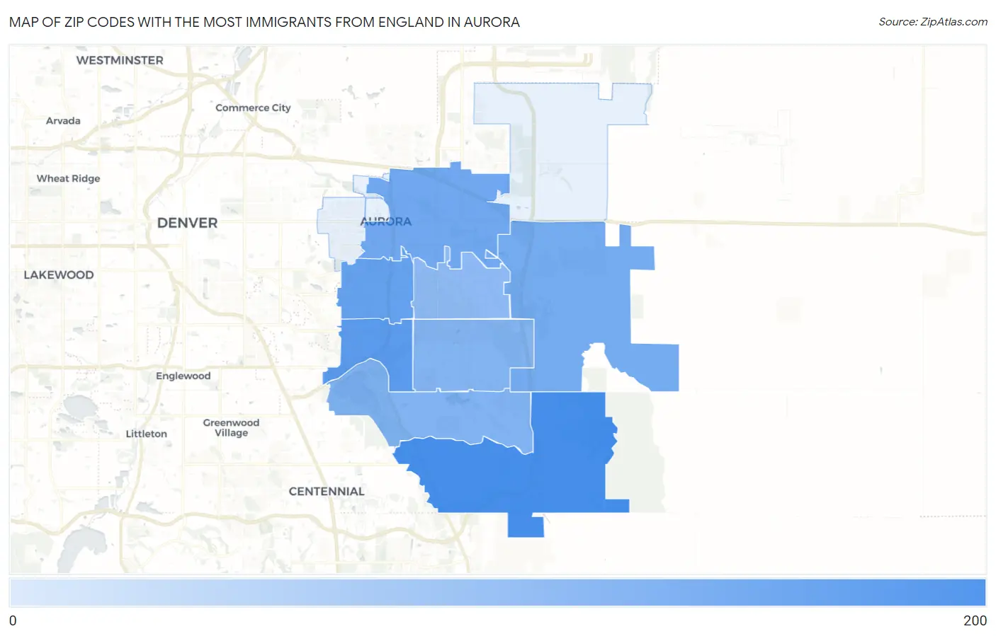 Zip Codes with the Most Immigrants from England in Aurora Map