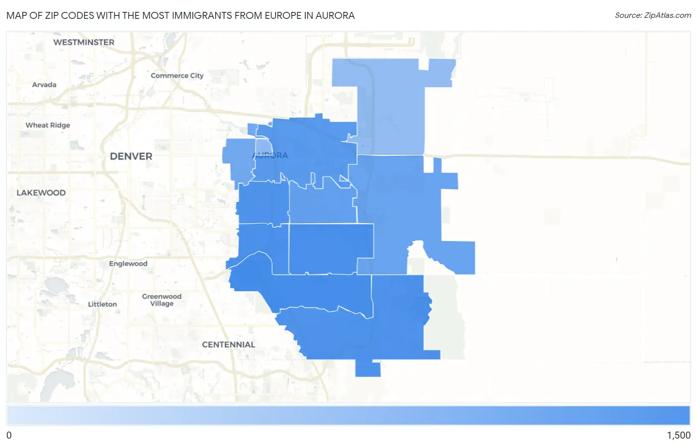 Zip Codes with the Most Immigrants from Europe in Aurora Map