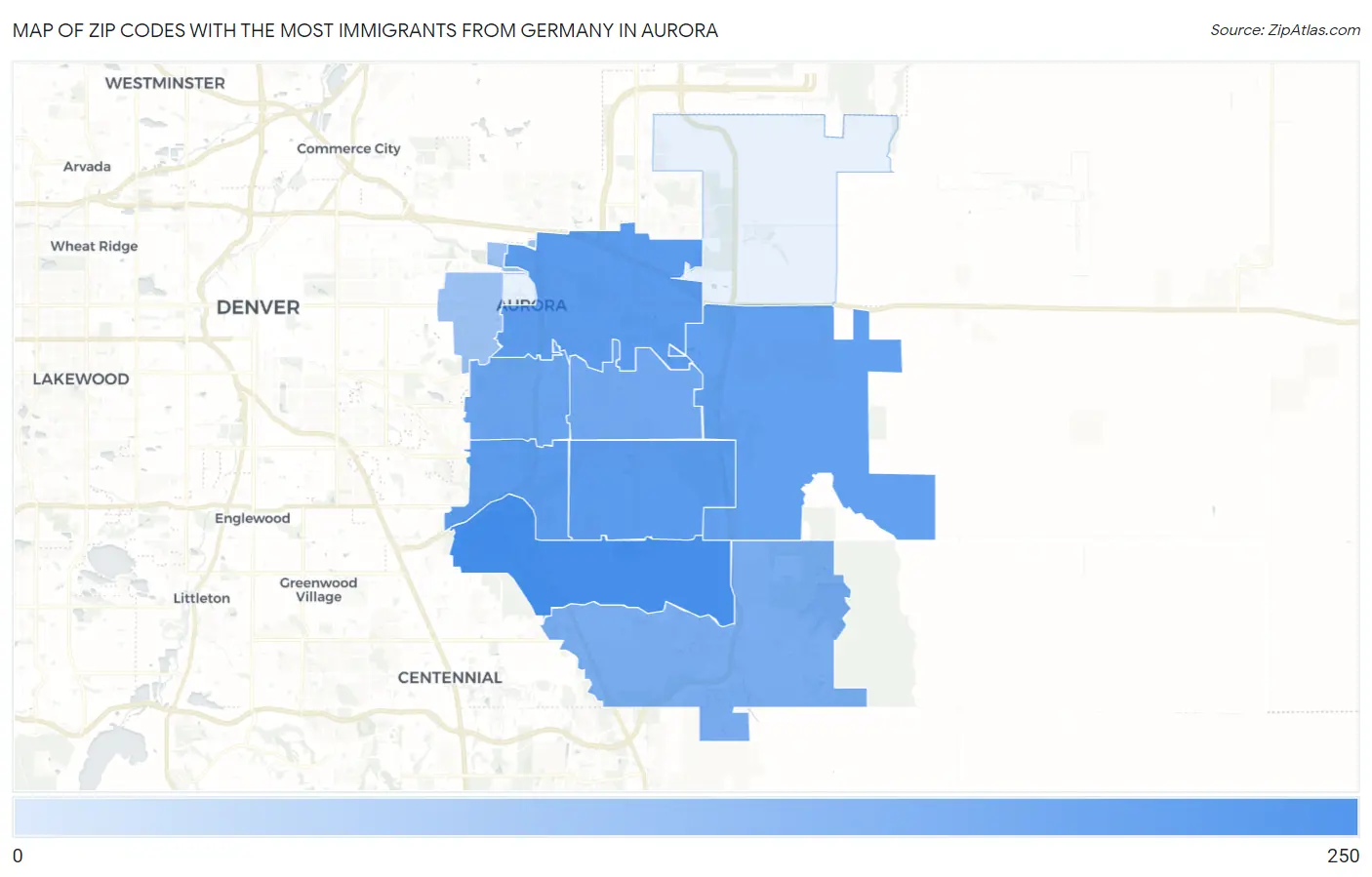 Zip Codes with the Most Immigrants from Germany in Aurora Map