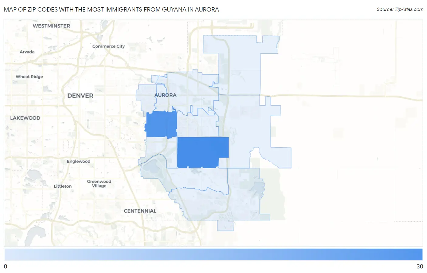 Zip Codes with the Most Immigrants from Guyana in Aurora Map