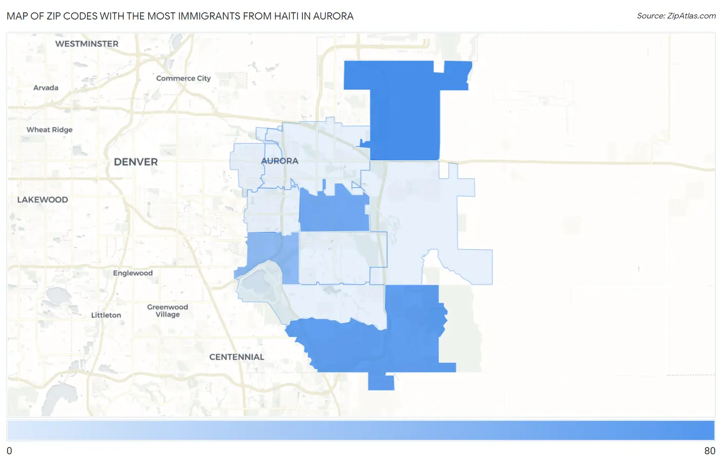 Zip Codes with the Most Immigrants from Haiti in Aurora Map