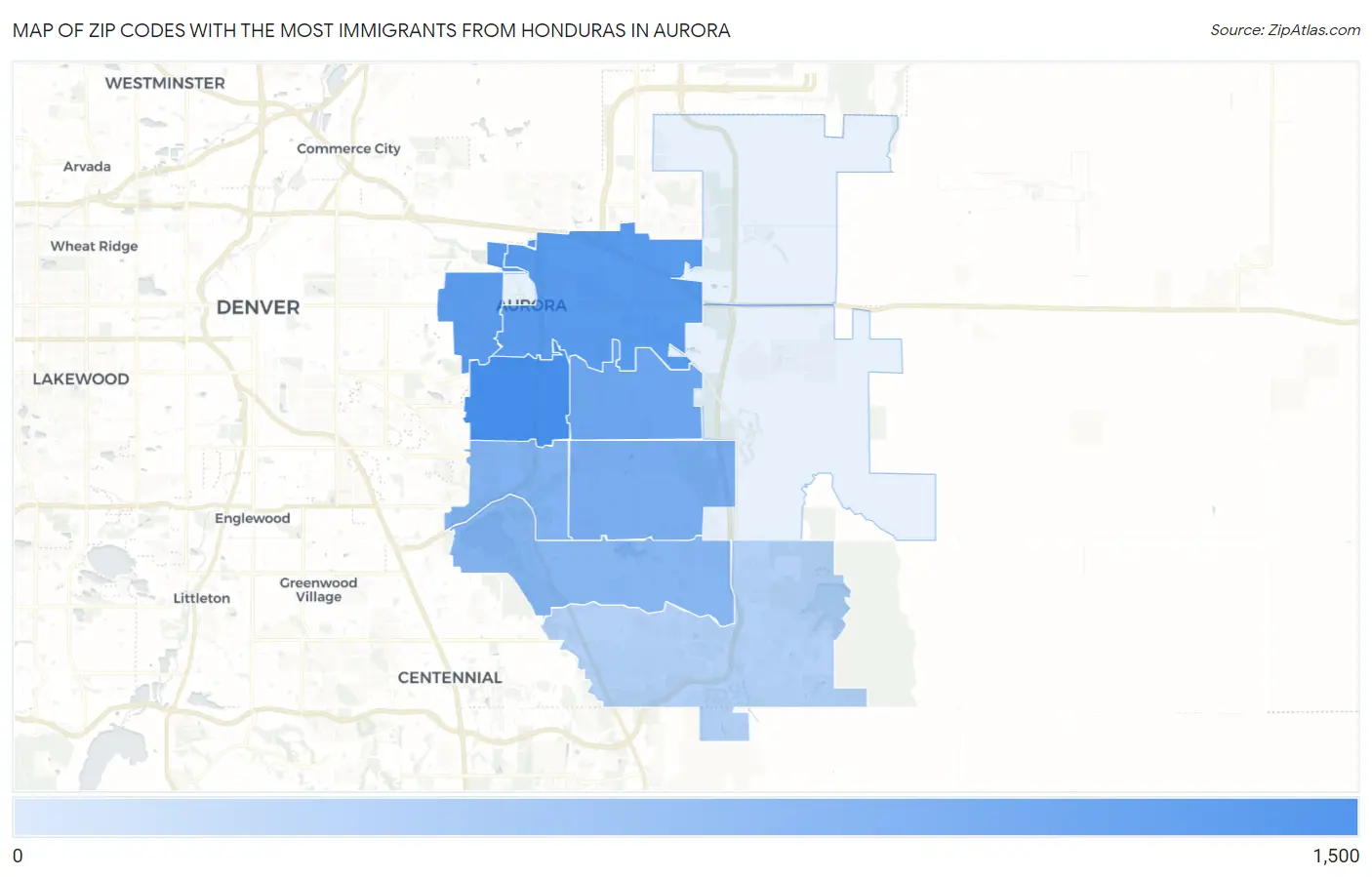 Zip Codes with the Most Immigrants from Honduras in Aurora Map