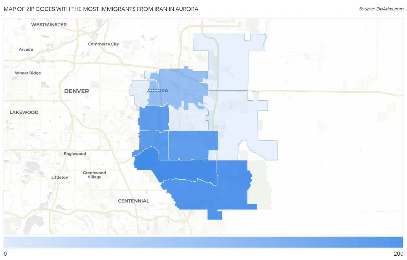 Zip Codes with the Most Immigrants from Iran in Aurora Map