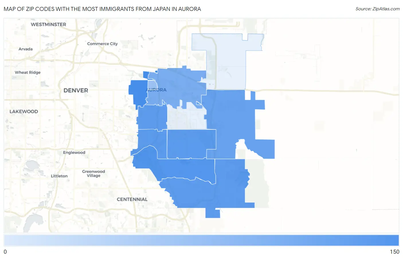 Zip Codes with the Most Immigrants from Japan in Aurora Map