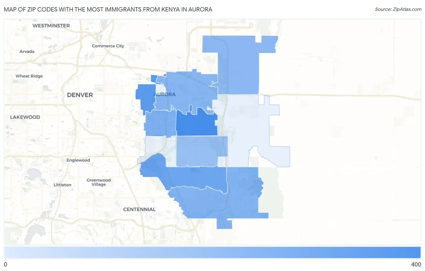 Zip Codes with the Most Immigrants from Kenya in Aurora Map