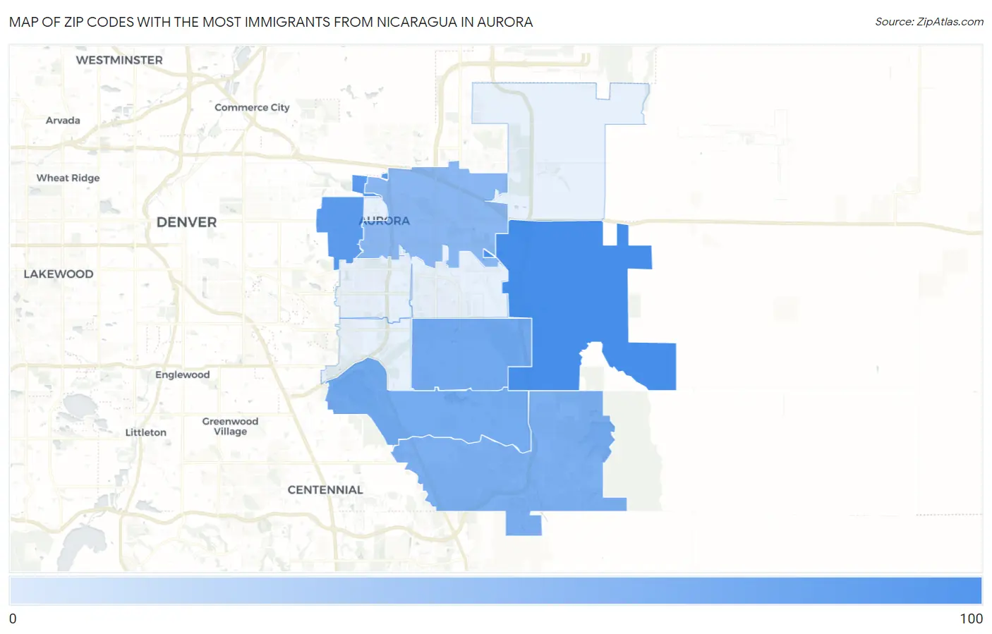 Zip Codes with the Most Immigrants from Nicaragua in Aurora Map