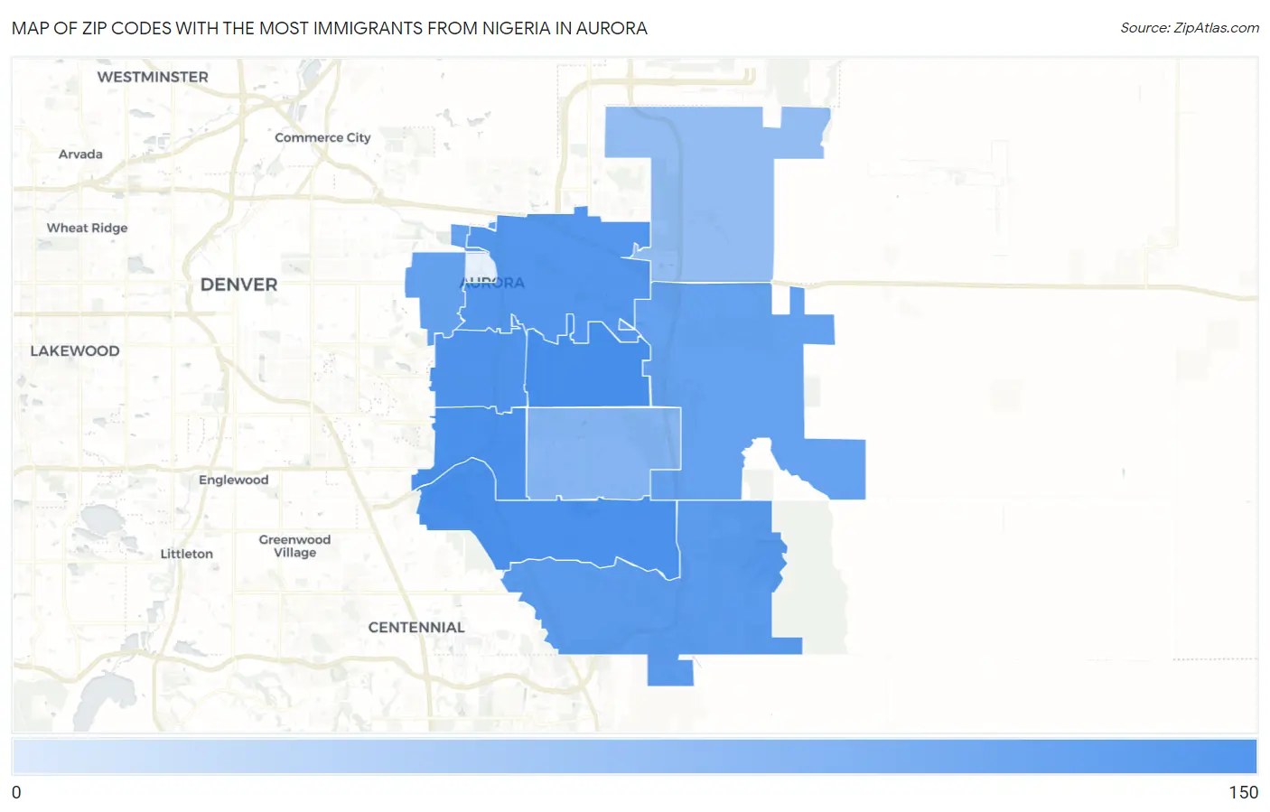Zip Codes with the Most Immigrants from Nigeria in Aurora Map