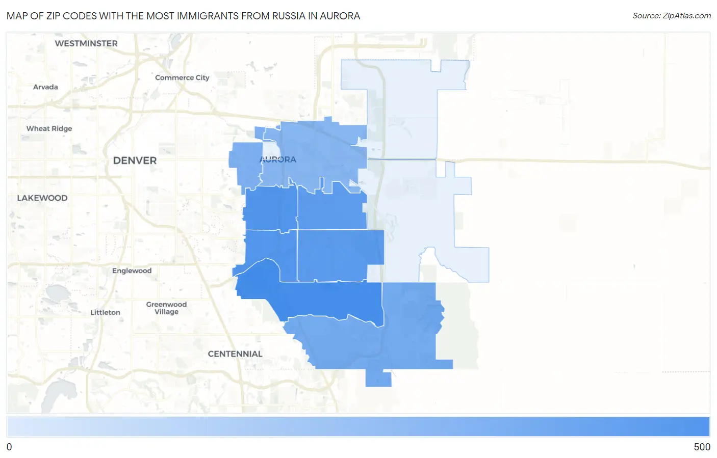 Zip Codes with the Most Immigrants from Russia in Aurora Map