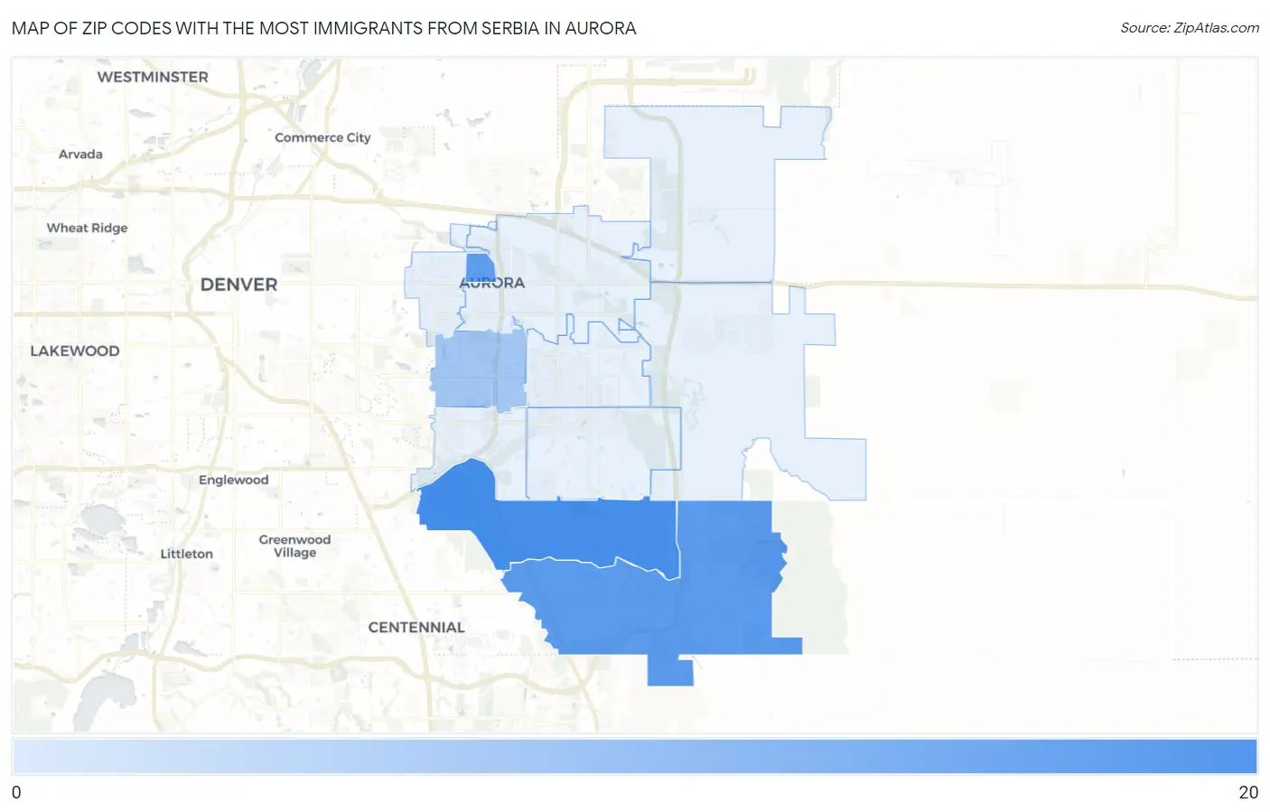 Zip Codes with the Most Immigrants from Serbia in Aurora Map