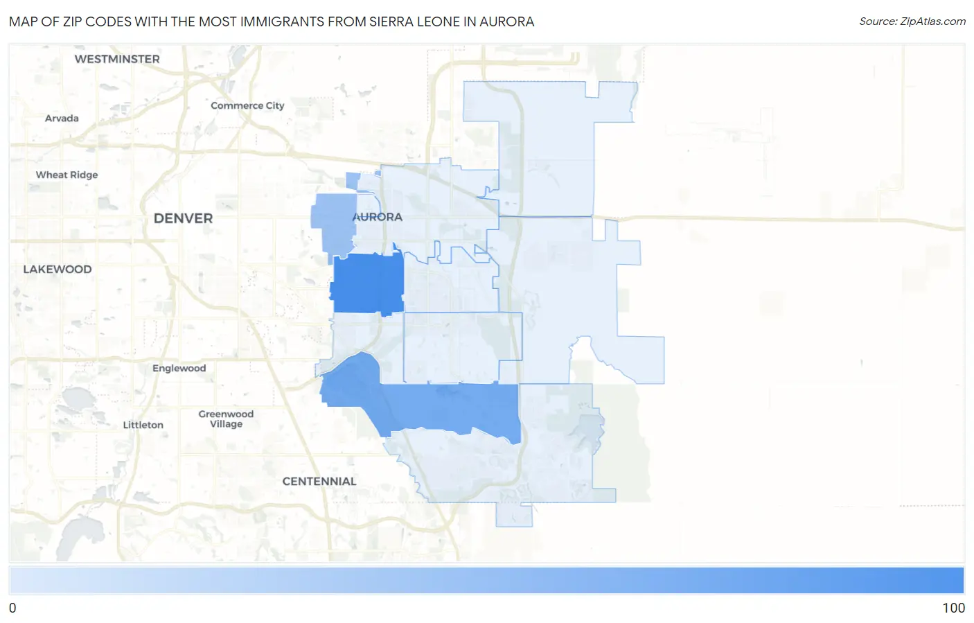 Zip Codes with the Most Immigrants from Sierra Leone in Aurora Map