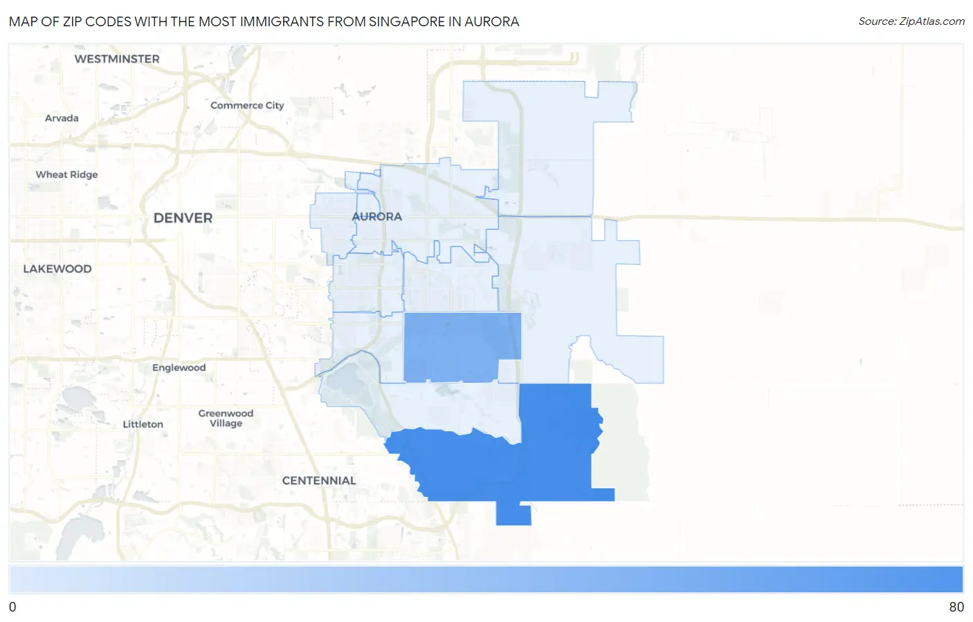 Zip Codes with the Most Immigrants from Singapore in Aurora Map