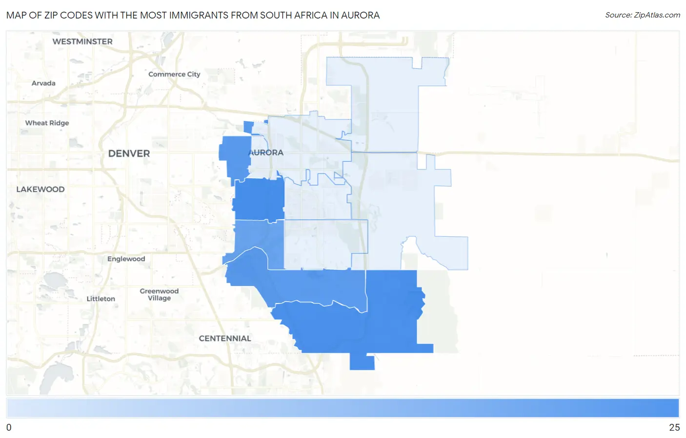 Zip Codes with the Most Immigrants from South Africa in Aurora Map