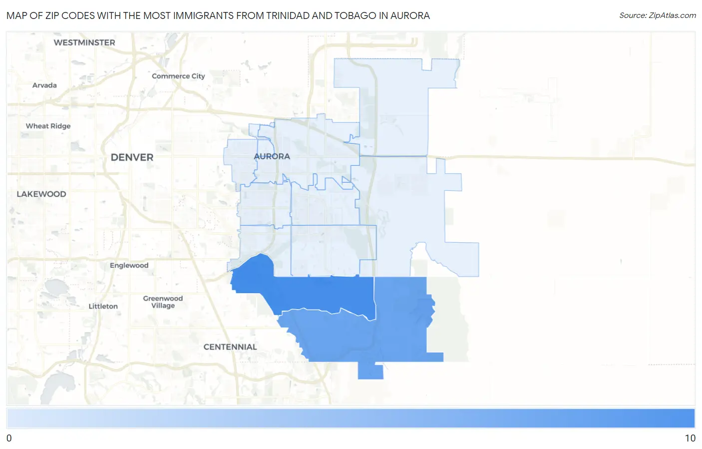 Zip Codes with the Most Immigrants from Trinidad and Tobago in Aurora Map