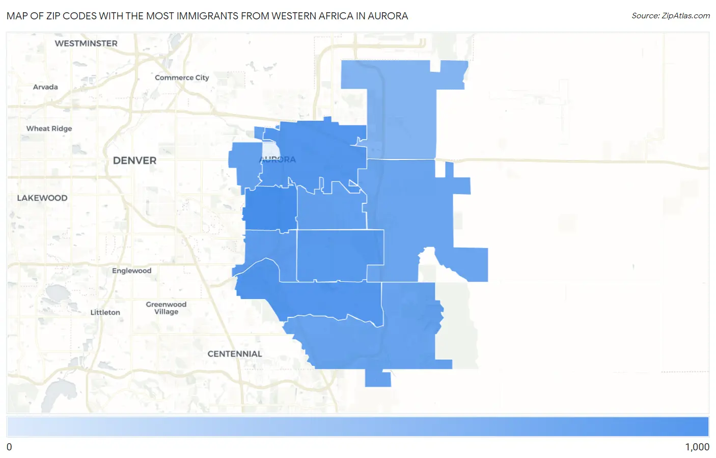 Zip Codes with the Most Immigrants from Western Africa in Aurora Map