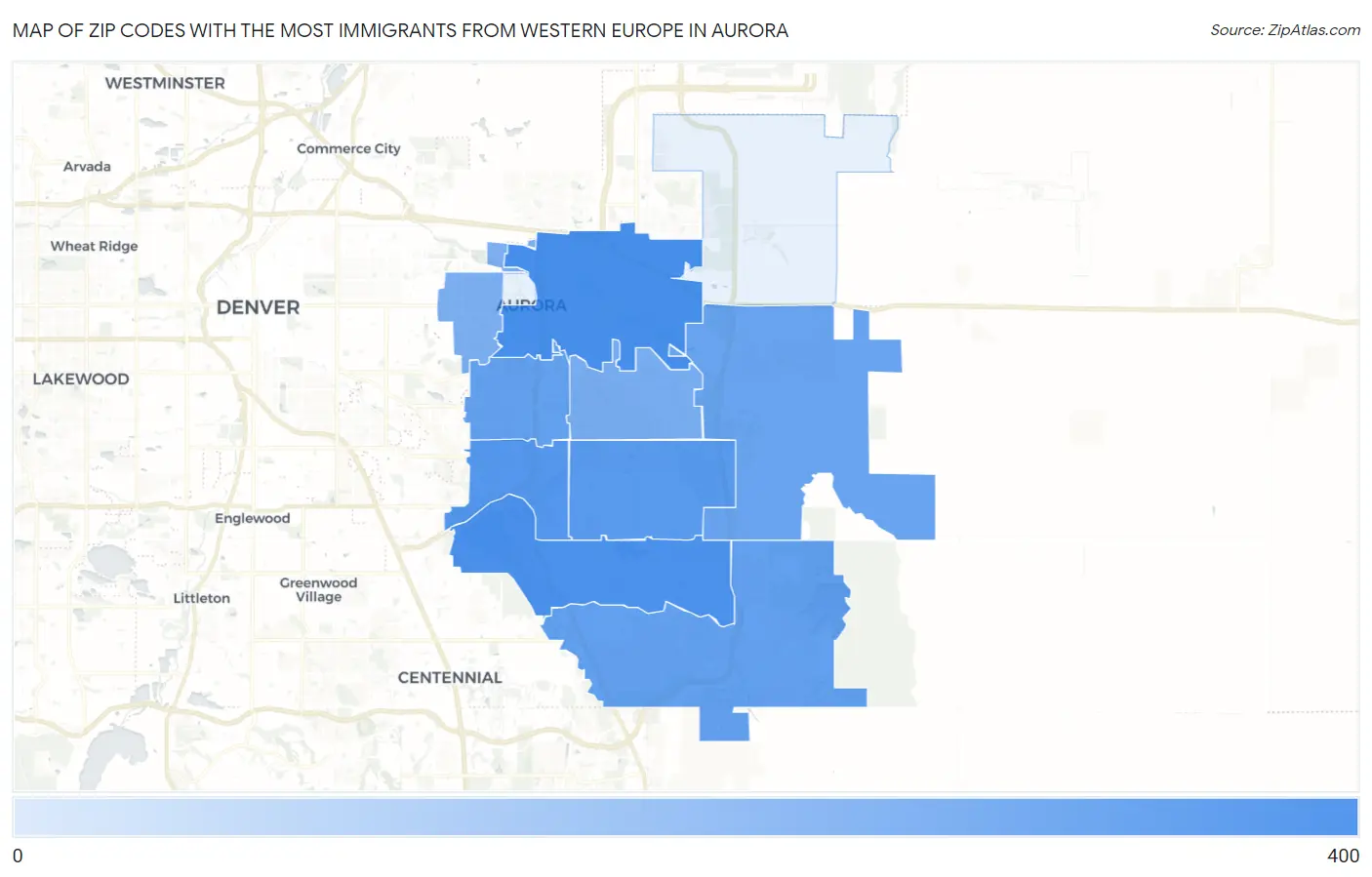 Zip Codes with the Most Immigrants from Western Europe in Aurora Map