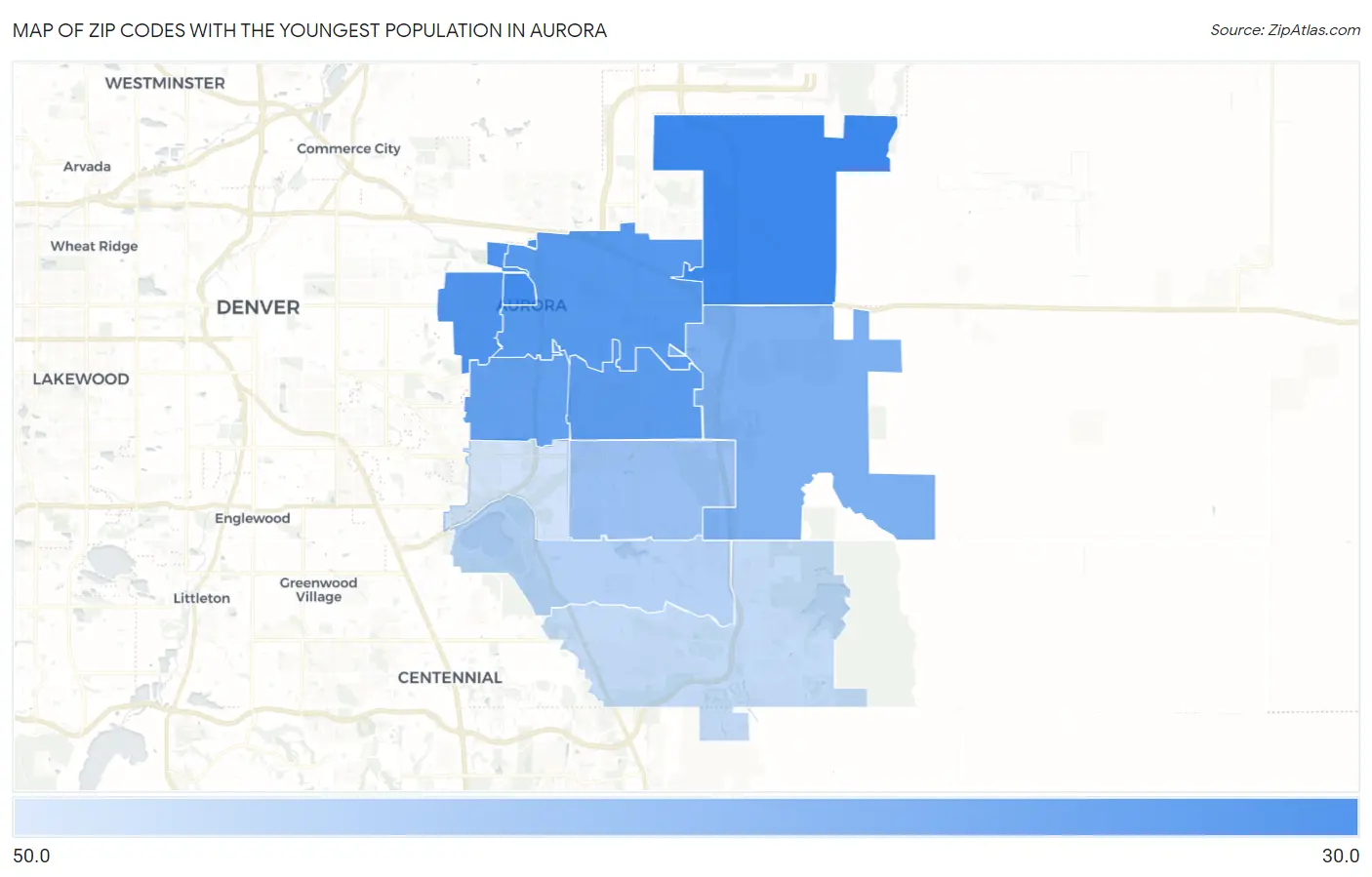 Zip Codes with the Youngest Population in Aurora Map