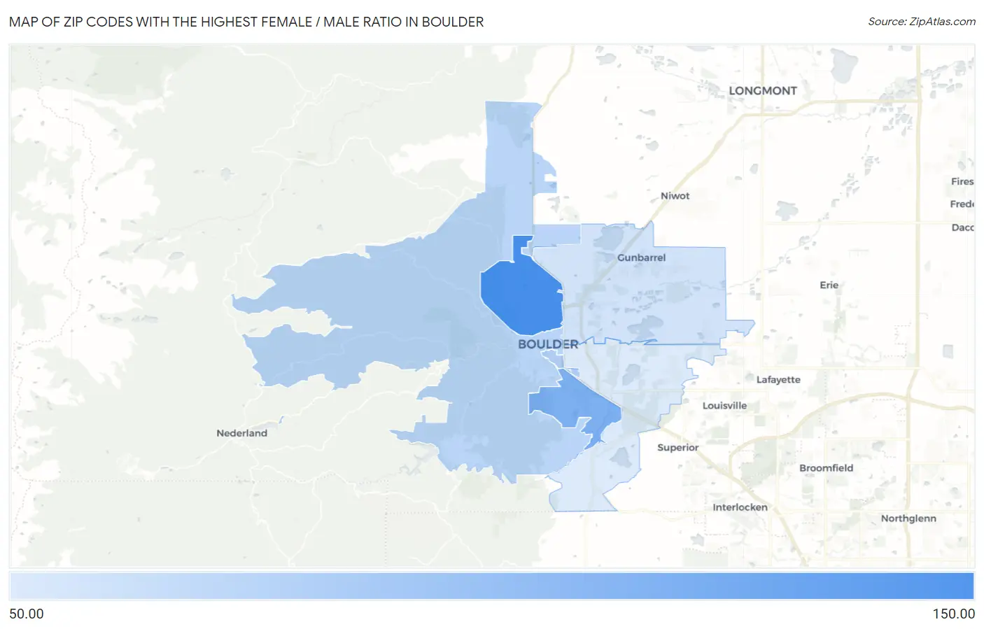 Zip Codes with the Highest Female / Male Ratio in Boulder Map