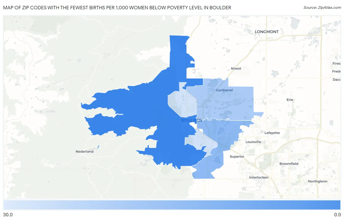Zip Codes with the Fewest Births per 1,000 Women Below Poverty Level in Boulder Map