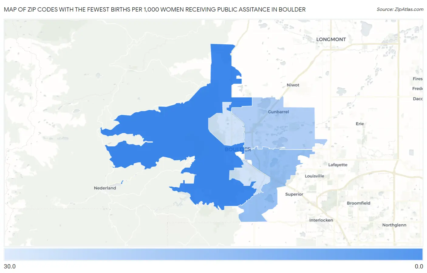 Zip Codes with the Fewest Births per 1,000 Women Receiving Public Assitance in Boulder Map