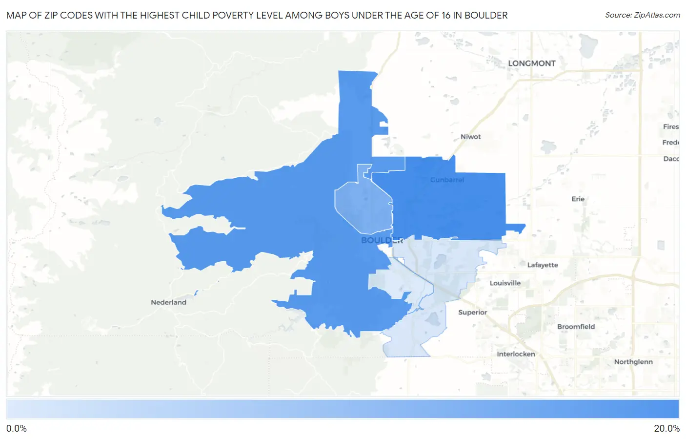 Zip Codes with the Highest Child Poverty Level Among Boys Under the Age of 16 in Boulder Map