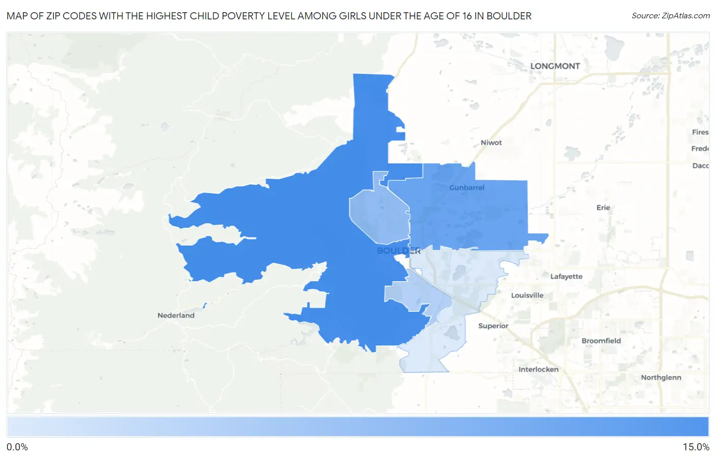 Zip Codes with the Highest Child Poverty Level Among Girls Under the Age of 16 in Boulder Map