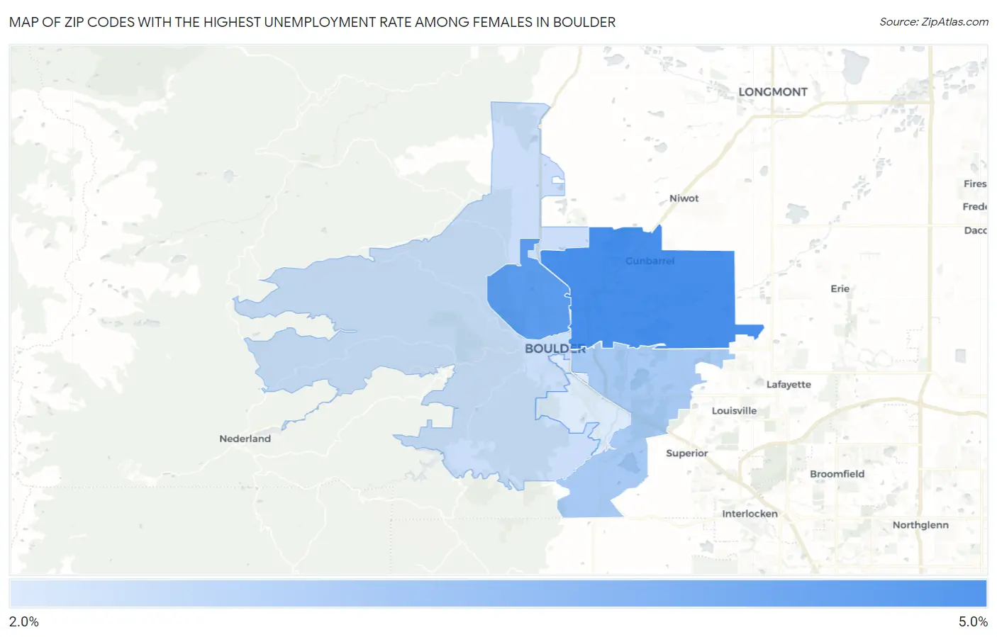 Zip Codes with the Highest Unemployment Rate Among Females in Boulder Map