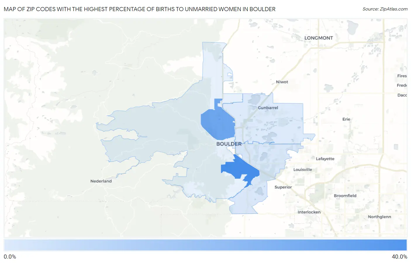 Zip Codes with the Highest Percentage of Births to Unmarried Women in Boulder Map