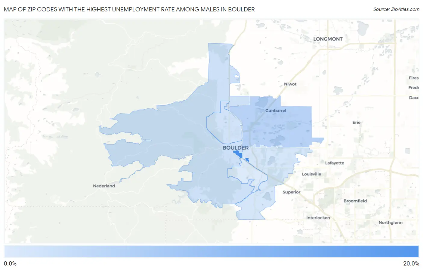 Zip Codes with the Highest Unemployment Rate Among Males in Boulder Map