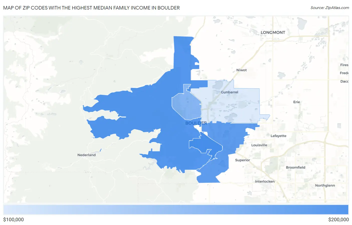 Zip Codes with the Highest Median Family Income in Boulder Map