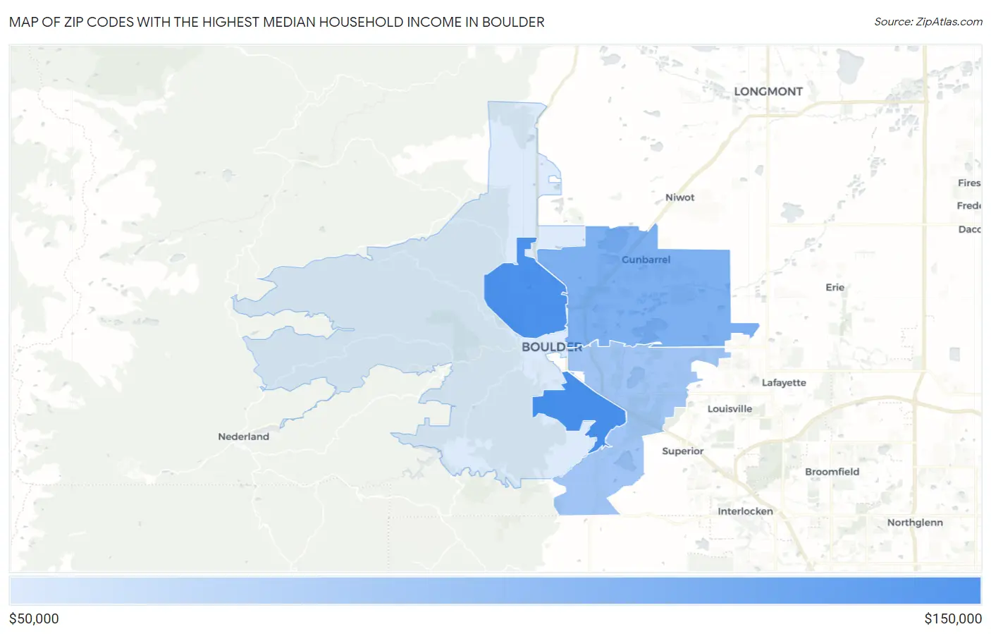 Zip Codes with the Highest Median Household Income in Boulder Map