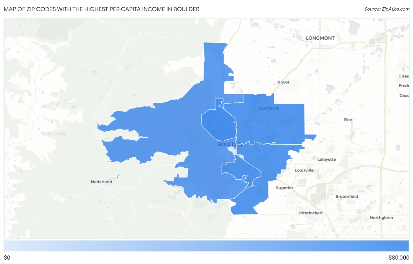 Zip Codes with the Highest Per Capita Income in Boulder Map