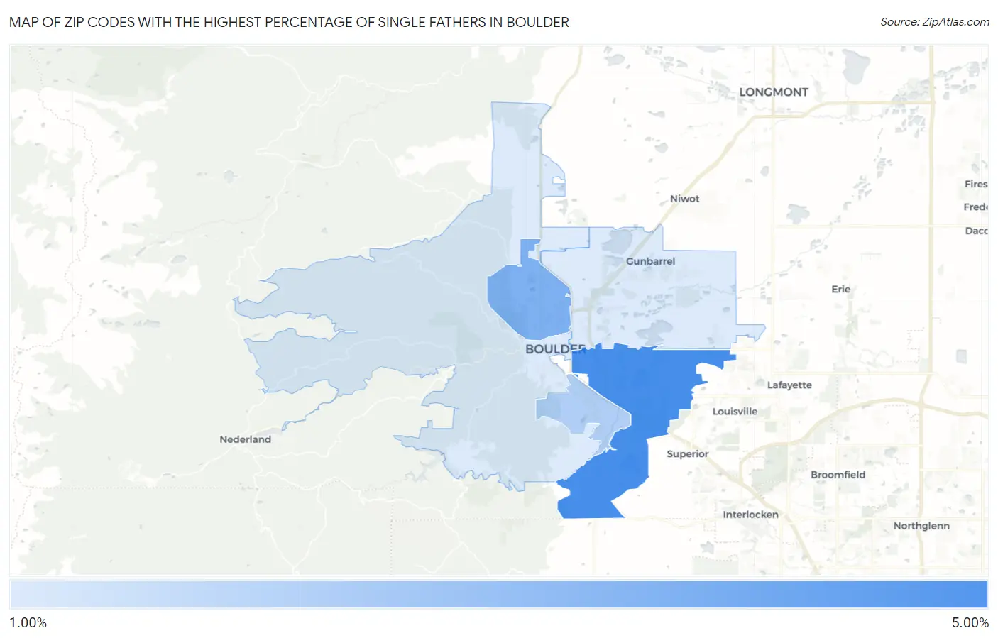 Zip Codes with the Highest Percentage of Single Fathers in Boulder Map