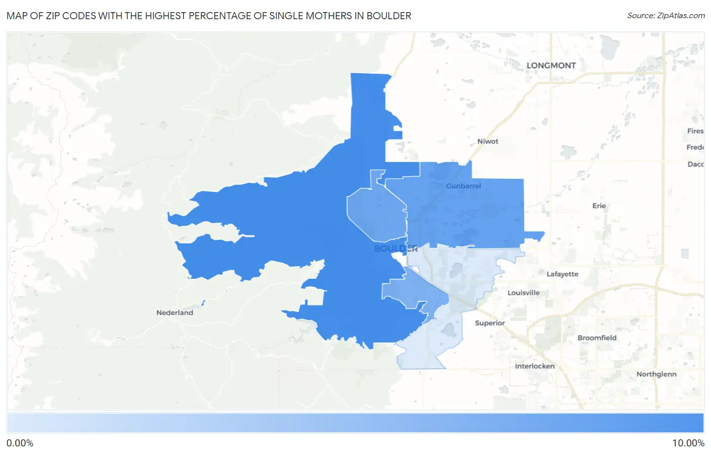 Zip Codes with the Highest Percentage of Single Mothers in Boulder Map