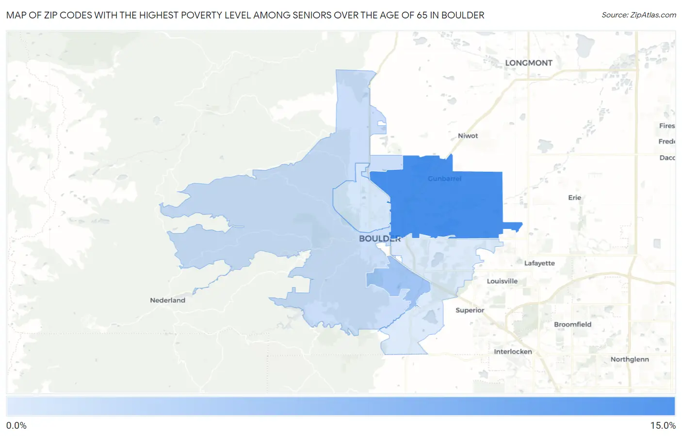 Zip Codes with the Highest Poverty Level Among Seniors Over the Age of 65 in Boulder Map