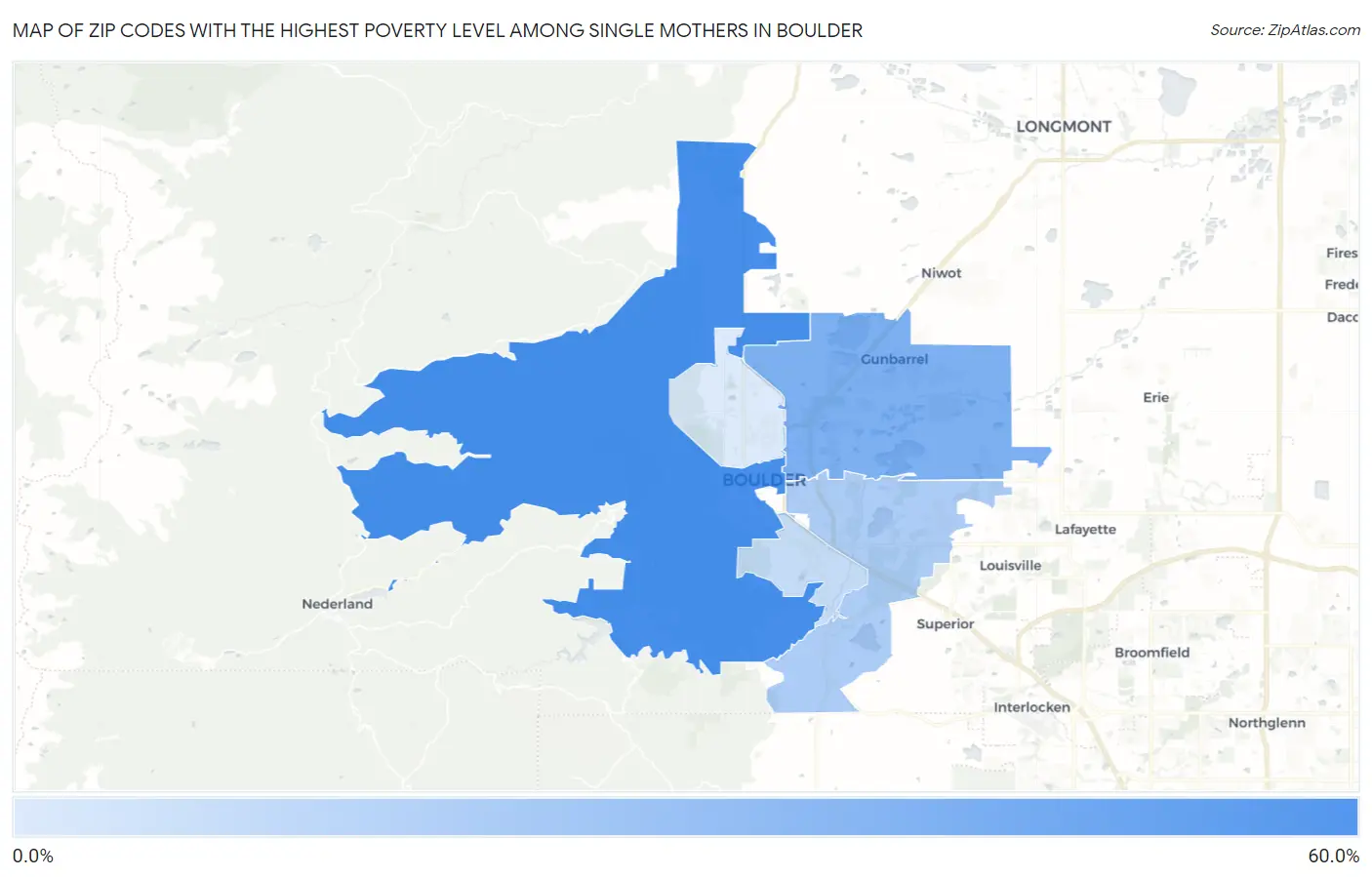 Zip Codes with the Highest Poverty Level Among Single Mothers in Boulder Map