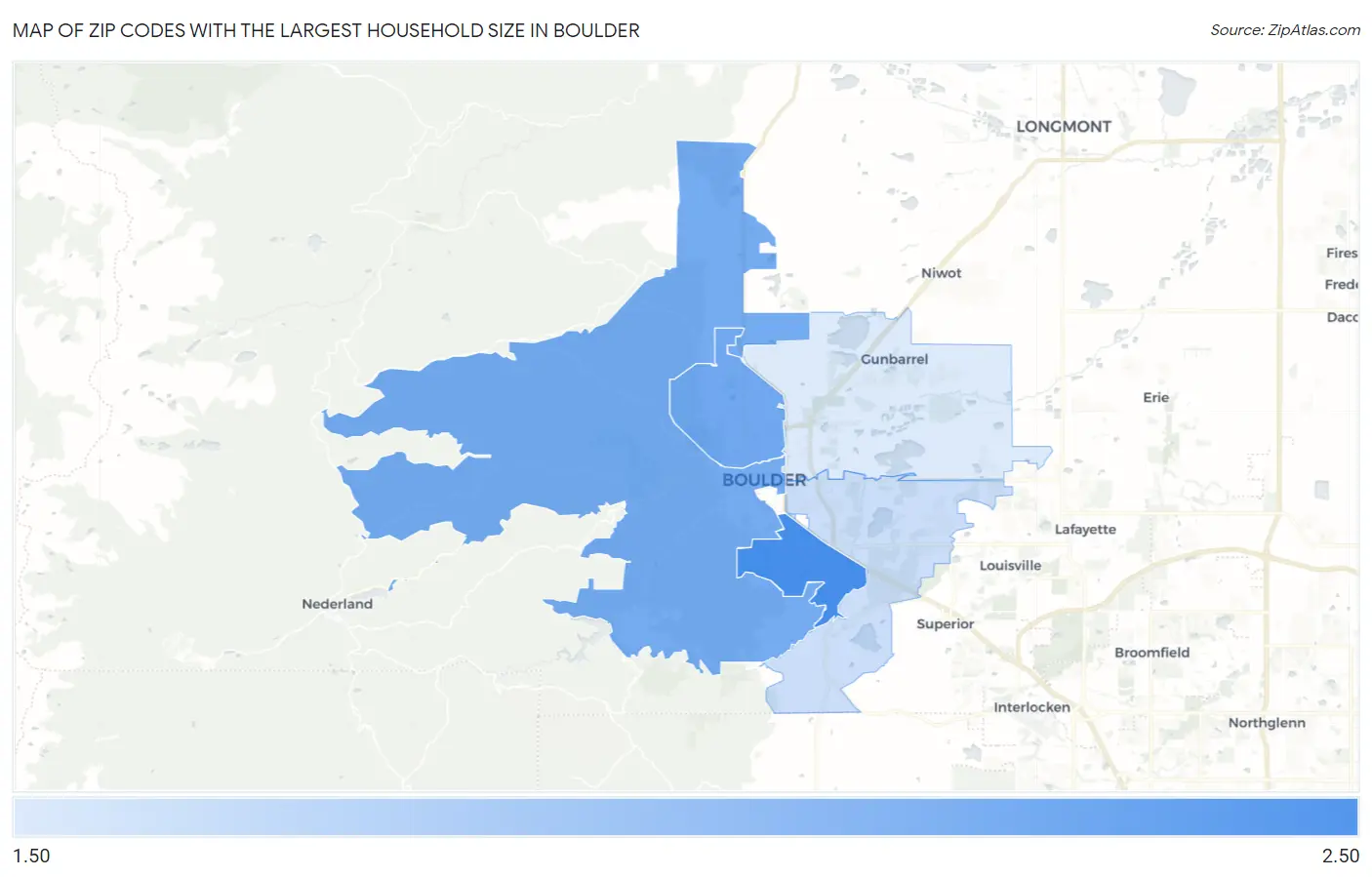 Zip Codes with the Largest Household Size in Boulder Map