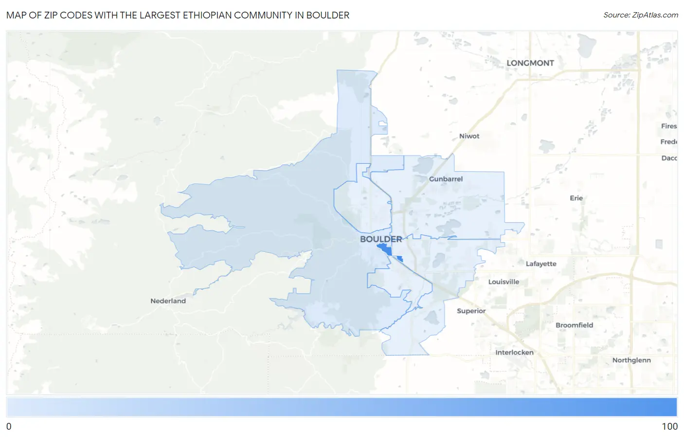 Zip Codes with the Largest Ethiopian Community in Boulder Map