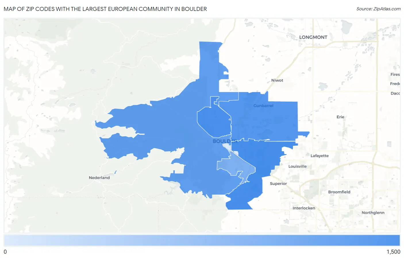 Zip Codes with the Largest European Community in Boulder Map