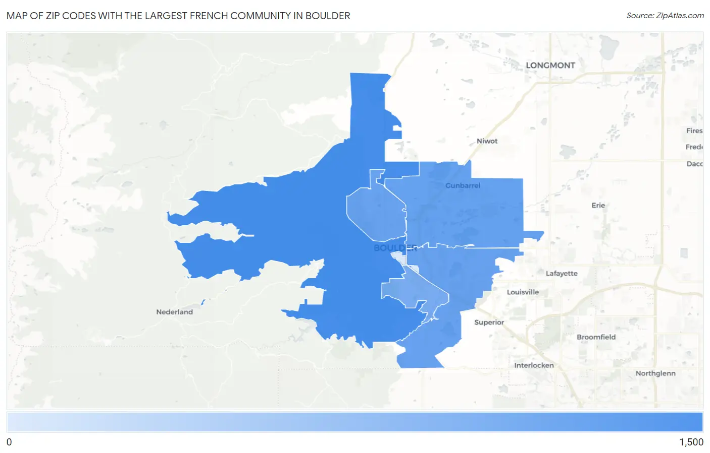 Zip Codes with the Largest French Community in Boulder Map