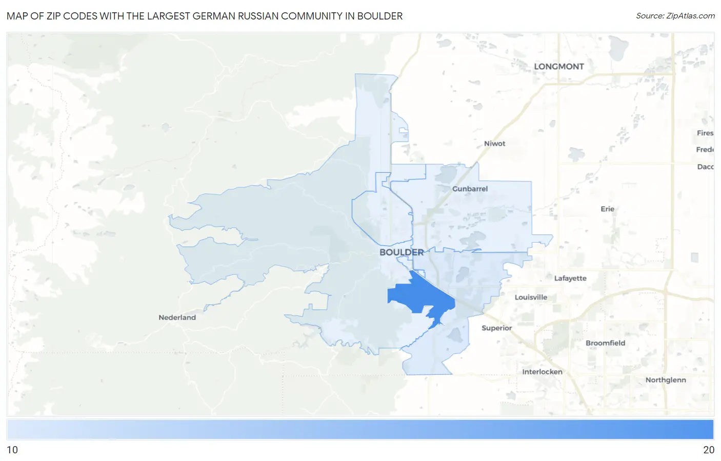 Zip Codes with the Largest German Russian Community in Boulder Map