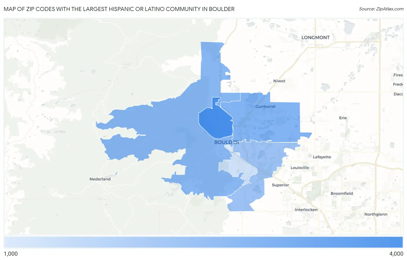 Zip Codes with the Largest Hispanic or Latino Community in Boulder Map