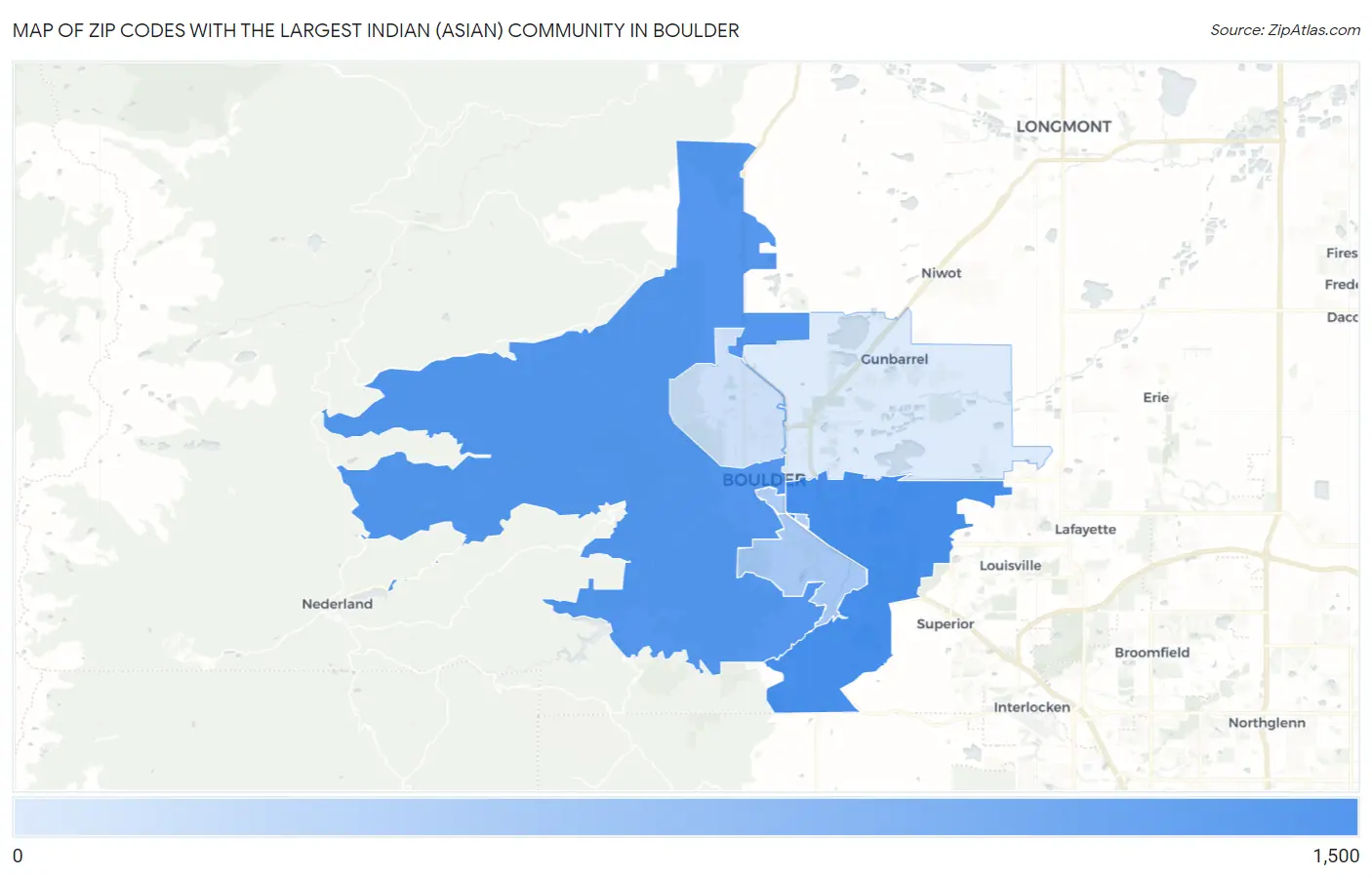 Zip Codes with the Largest Indian (Asian) Community in Boulder Map