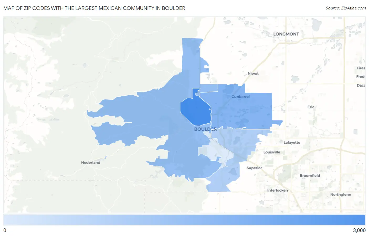 Zip Codes with the Largest Mexican Community in Boulder Map