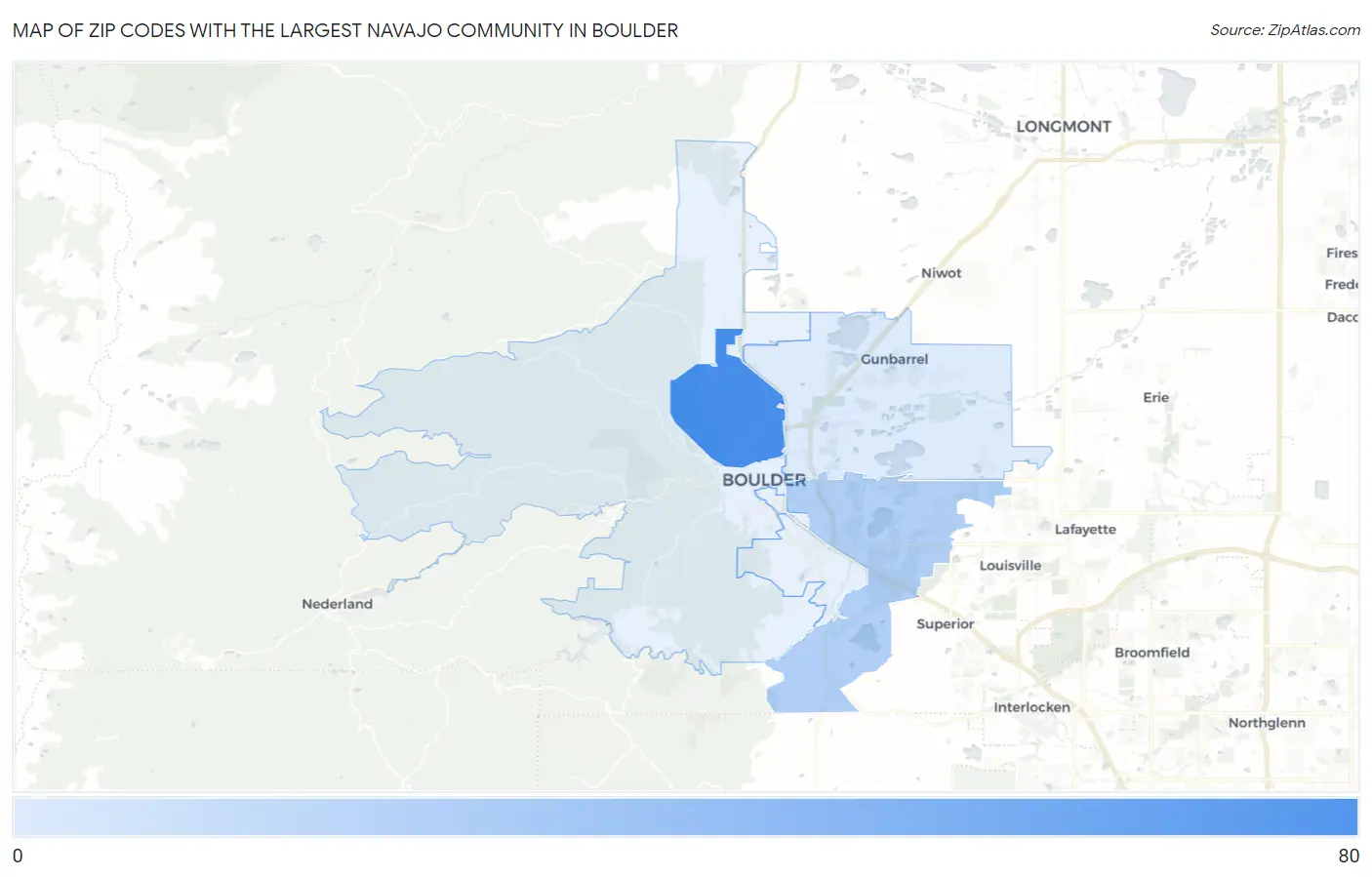 Zip Codes with the Largest Navajo Community in Boulder Map